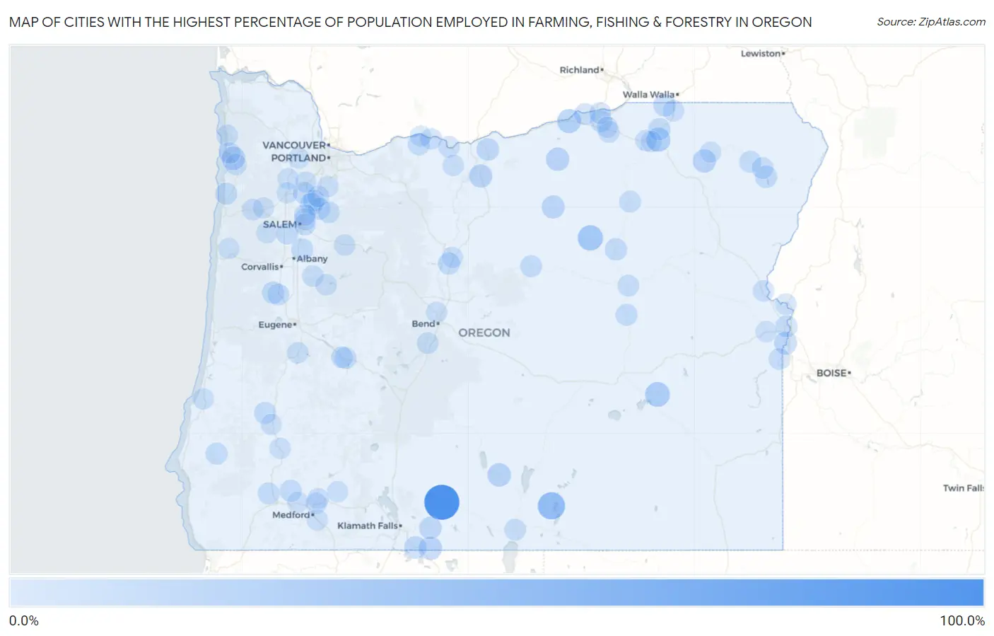 Cities with the Highest Percentage of Population Employed in Farming, Fishing & Forestry in Oregon Map