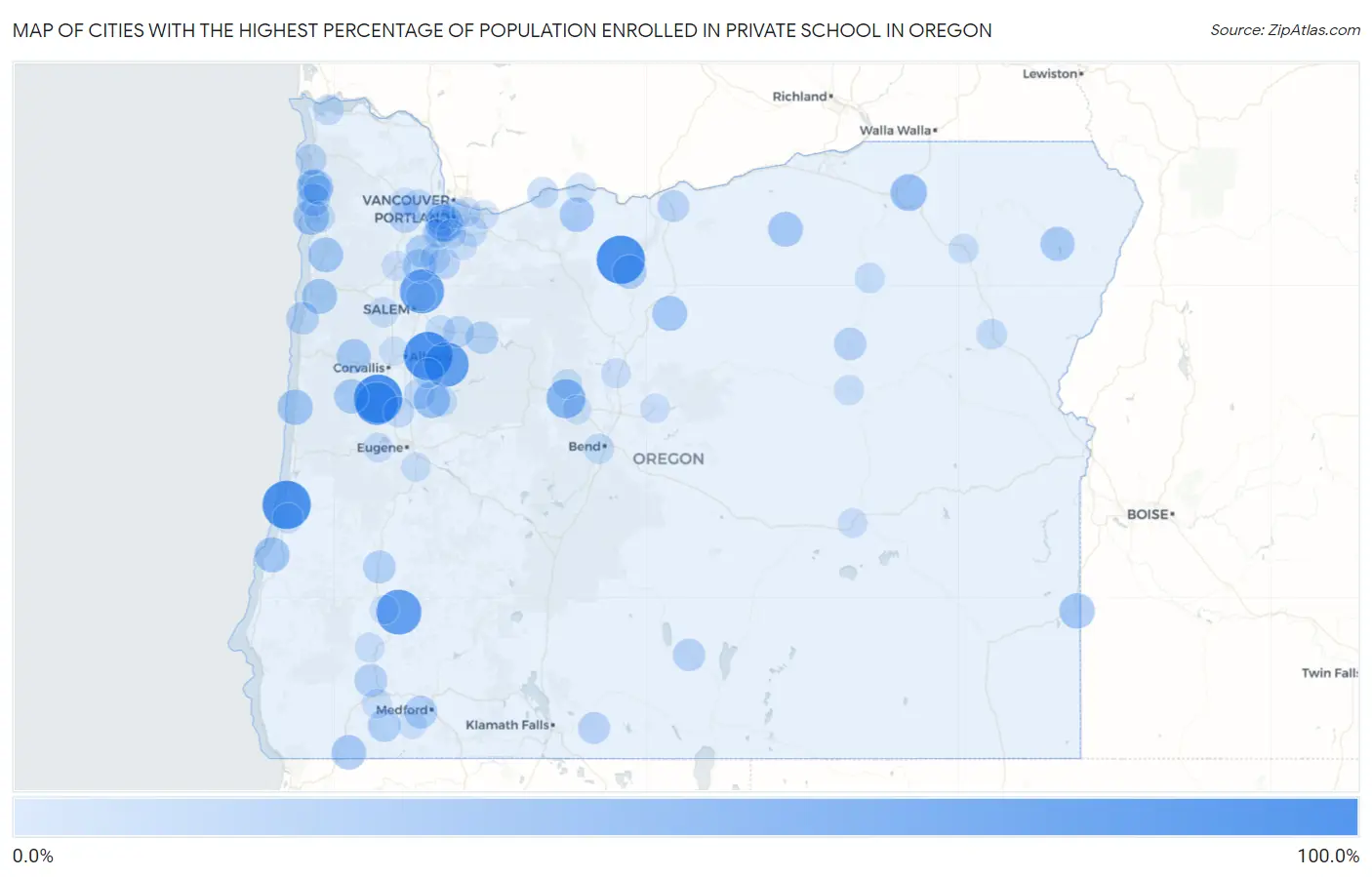 Cities with the Highest Percentage of Population Enrolled in Private School in Oregon Map
