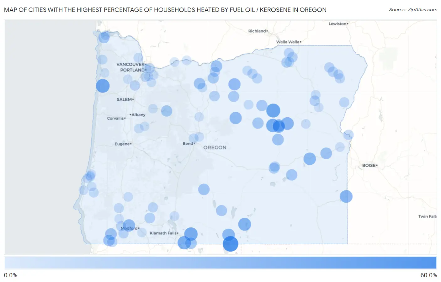 Cities with the Highest Percentage of Households Heated by Fuel Oil / Kerosene in Oregon Map