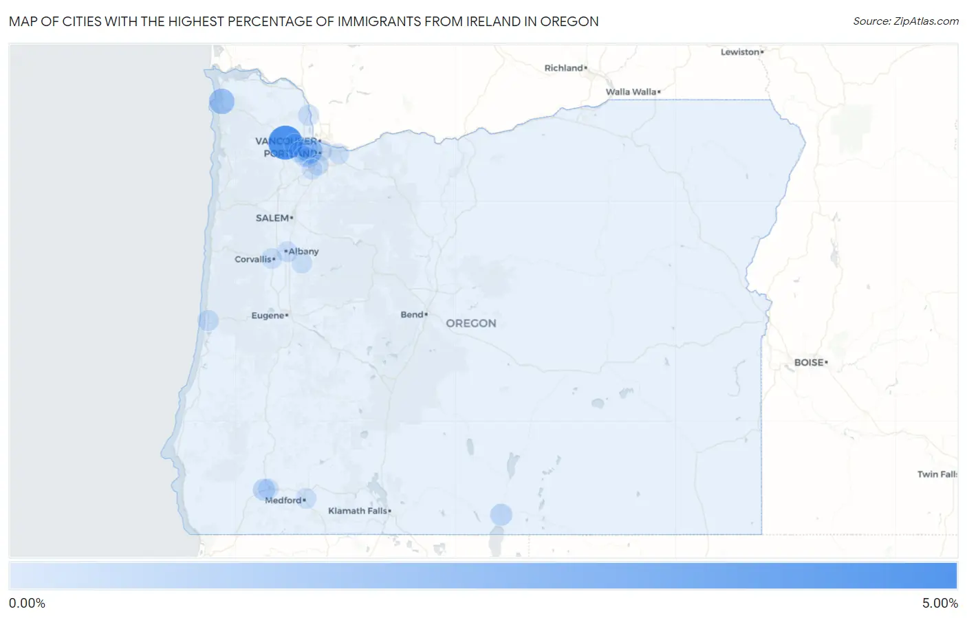 Cities with the Highest Percentage of Immigrants from Ireland in Oregon Map