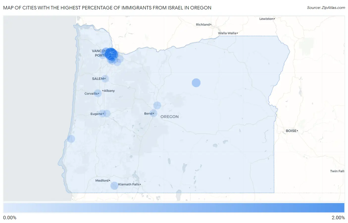 Cities with the Highest Percentage of Immigrants from Israel in Oregon Map