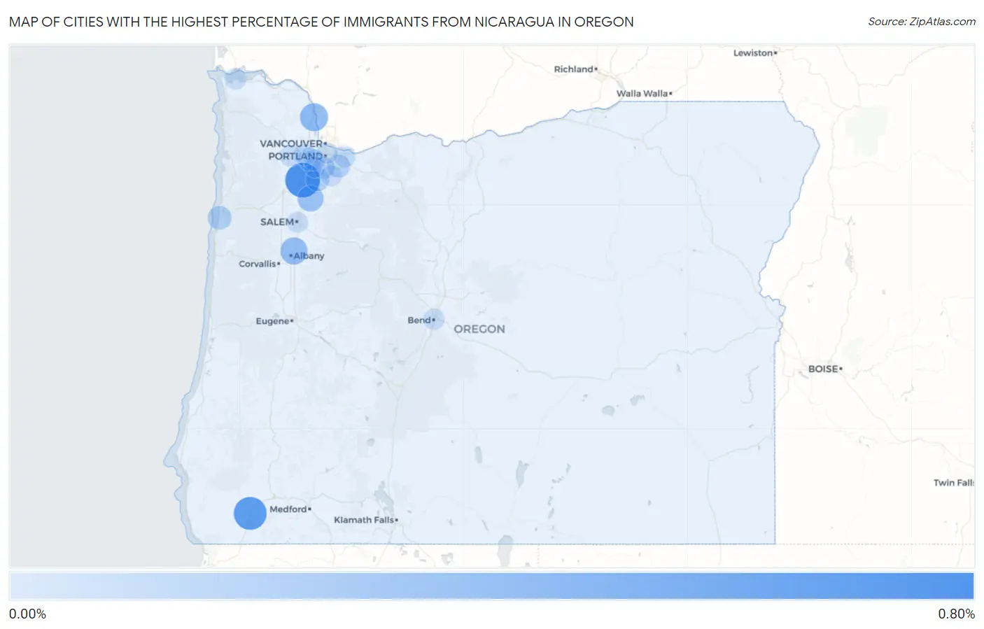 Cities with the Highest Percentage of Immigrants from Nicaragua in Oregon Map