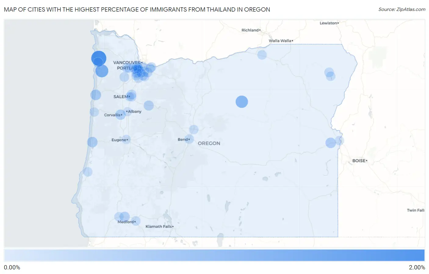 Cities with the Highest Percentage of Immigrants from Thailand in Oregon Map