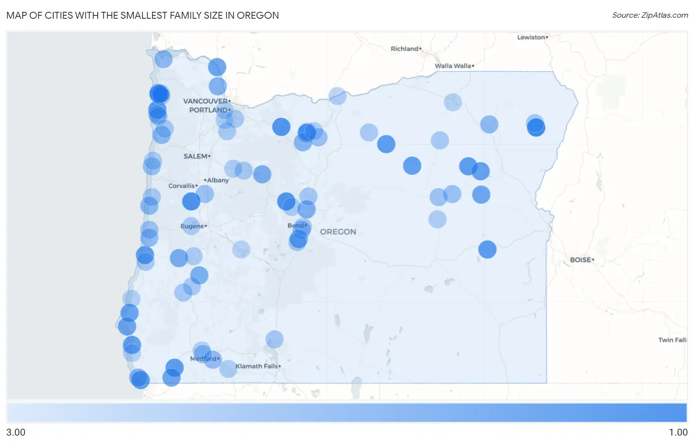 Cities with the Smallest Family Size in Oregon Map