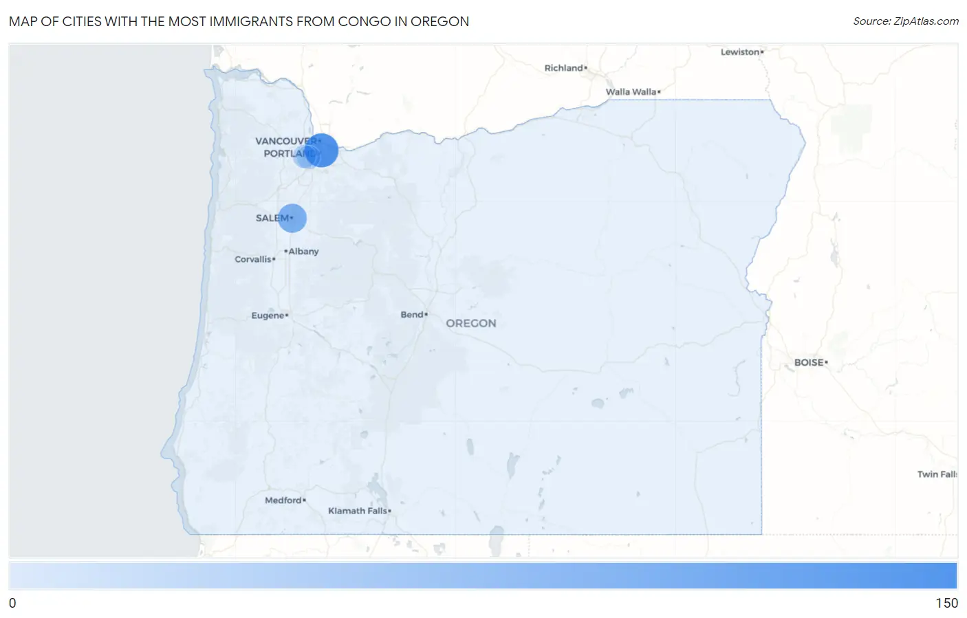 Cities with the Most Immigrants from Congo in Oregon Map
