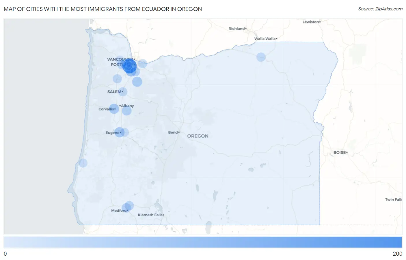 Cities with the Most Immigrants from Ecuador in Oregon Map