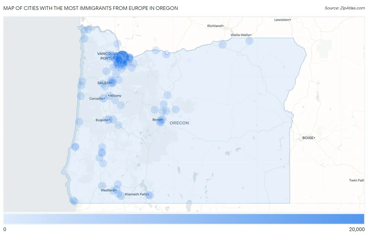 Cities with the Most Immigrants from Europe in Oregon Map