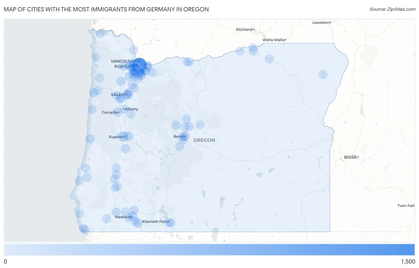 Cities with the Most Immigrants from Germany in Oregon Map