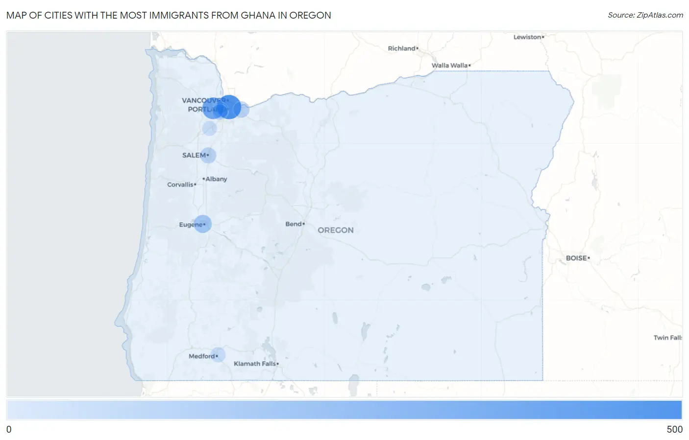 Cities with the Most Immigrants from Ghana in Oregon Map