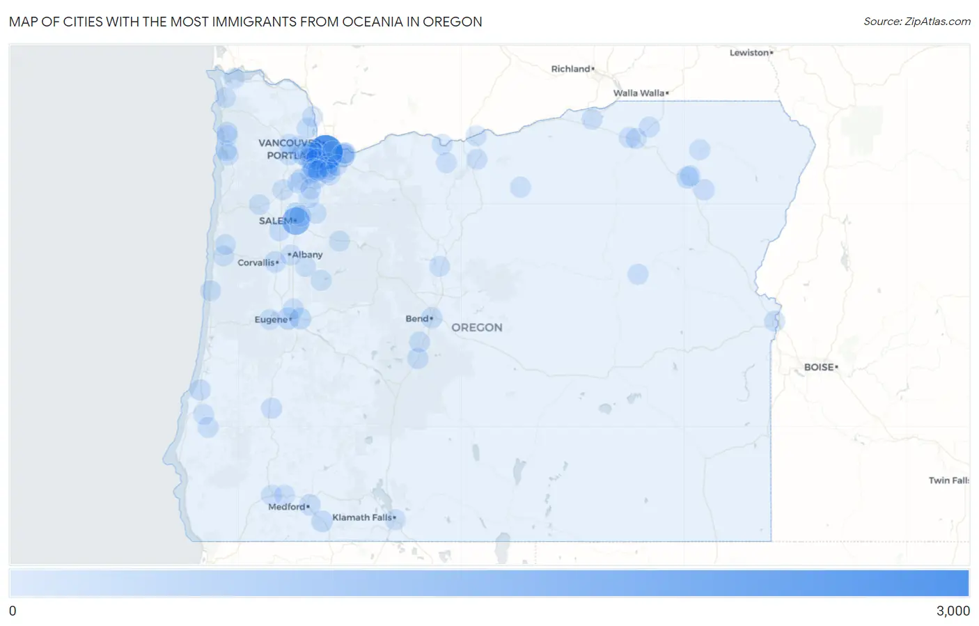 Cities with the Most Immigrants from Oceania in Oregon Map