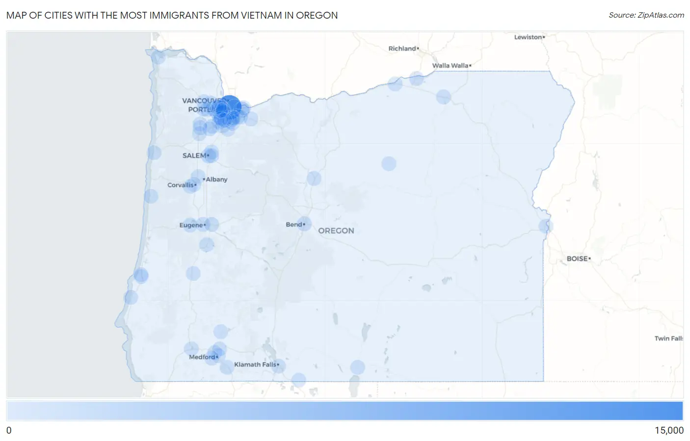 Cities with the Most Immigrants from Vietnam in Oregon Map