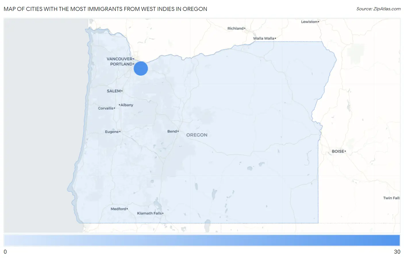 Cities with the Most Immigrants from West Indies in Oregon Map