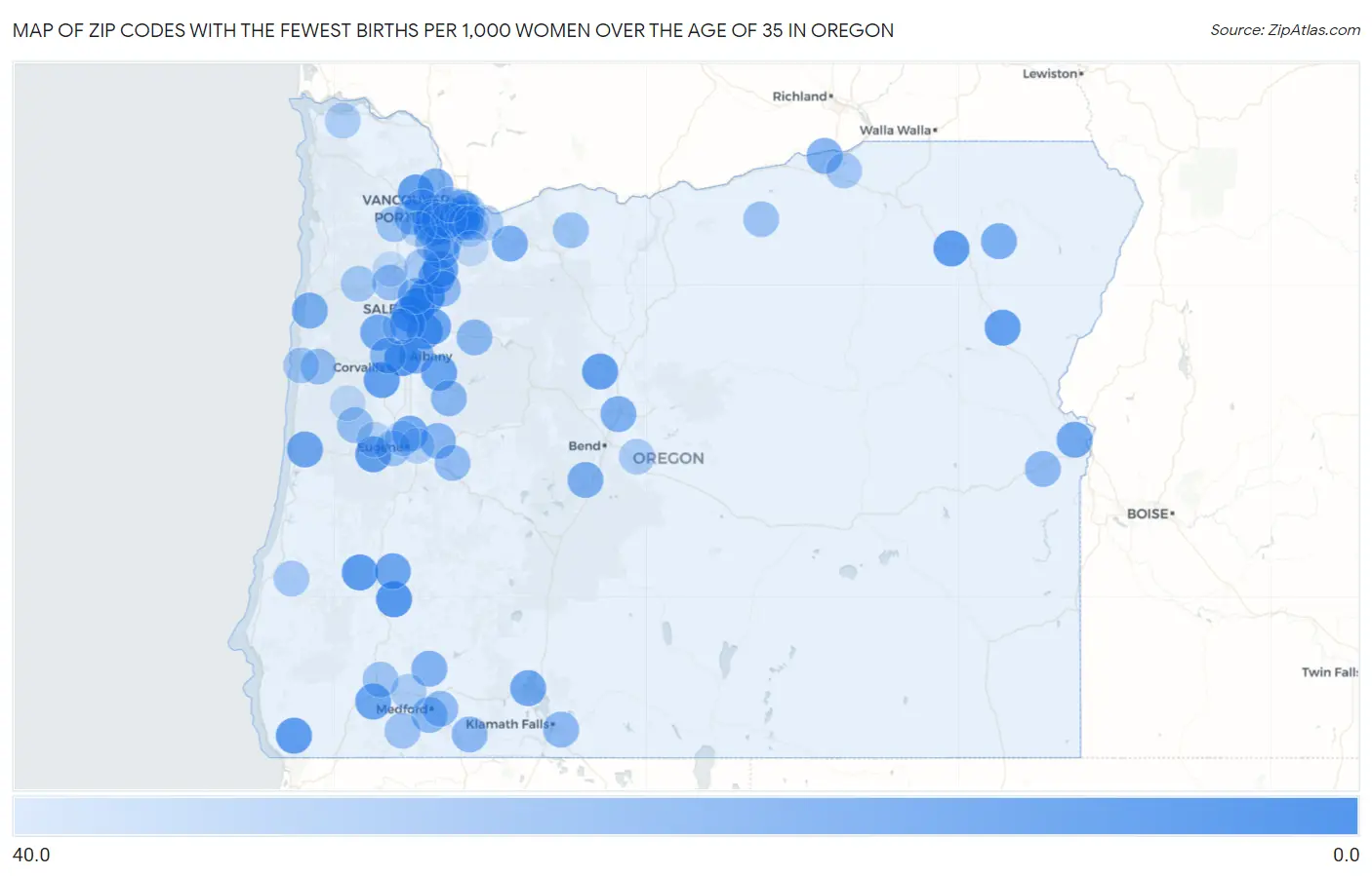 Zip Codes with the Fewest Births per 1,000 Women Over the Age of 35 in Oregon Map
