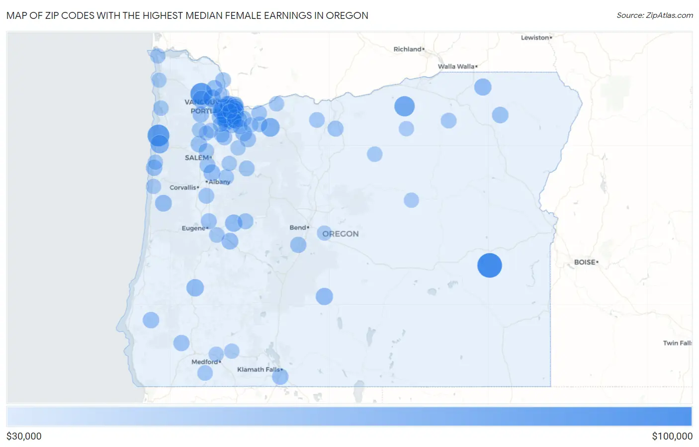 Zip Codes with the Highest Median Female Earnings in Oregon Map