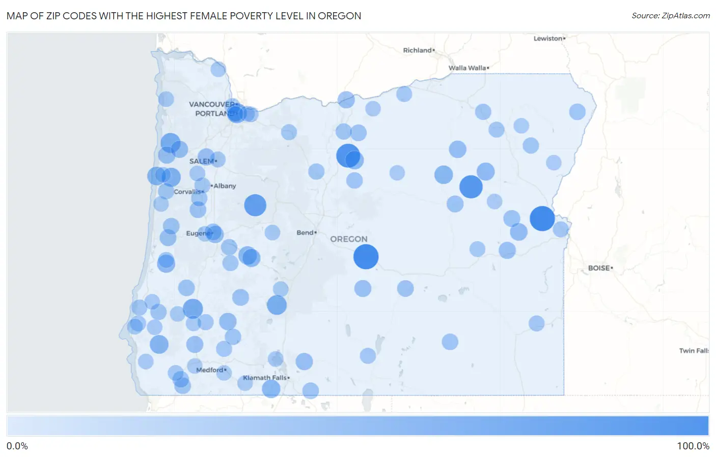 Zip Codes with the Highest Female Poverty Level in Oregon Map