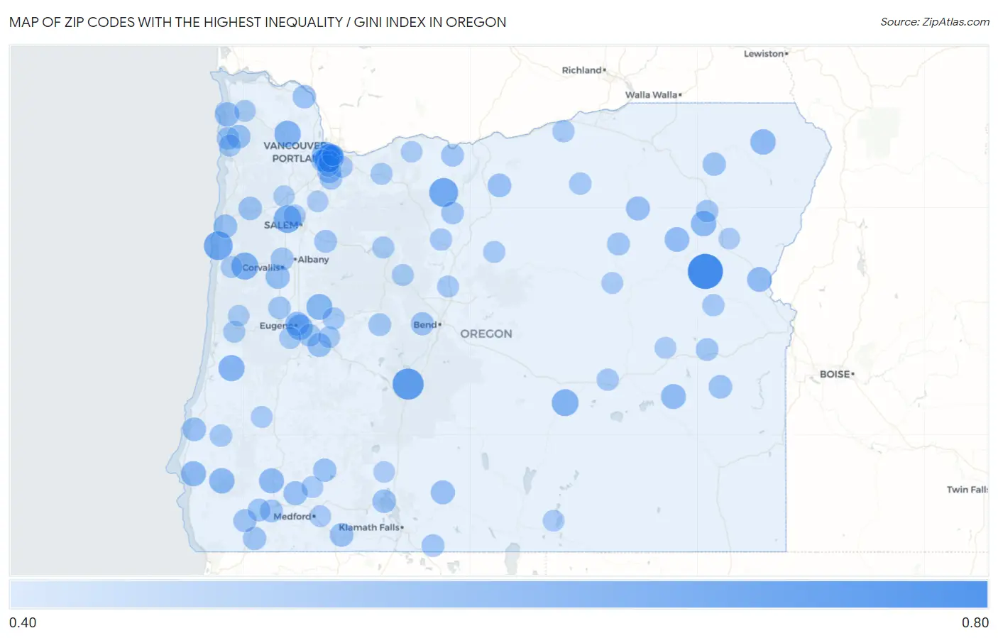 Zip Codes with the Highest Inequality / Gini Index in Oregon Map