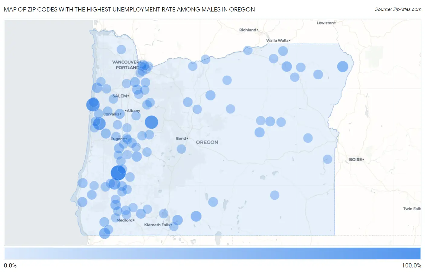 Zip Codes with the Highest Unemployment Rate Among Males in Oregon Map