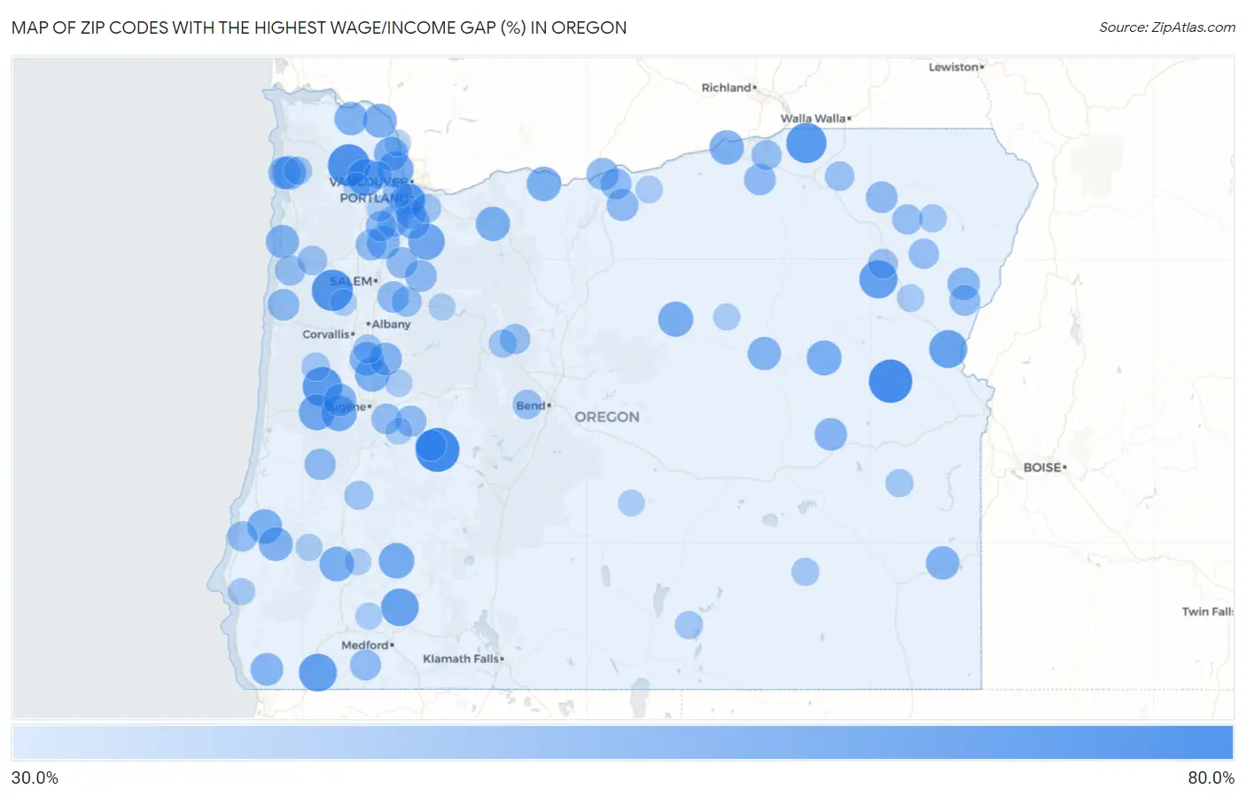Zip Codes with the Highest Wage/Income Gap (%) in Oregon Map