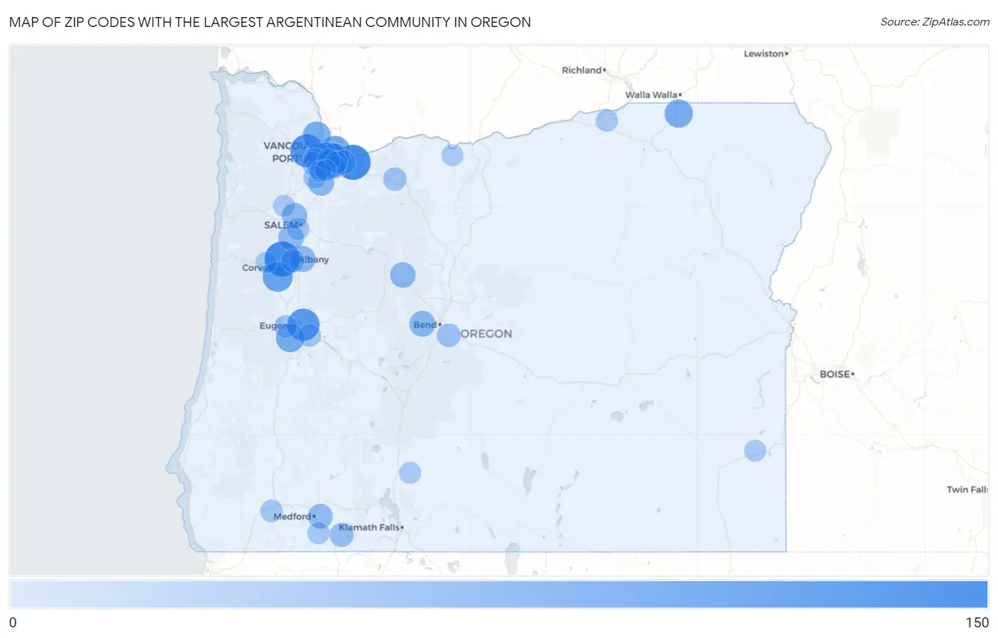 Zip Codes with the Largest Argentinean Community in Oregon Map