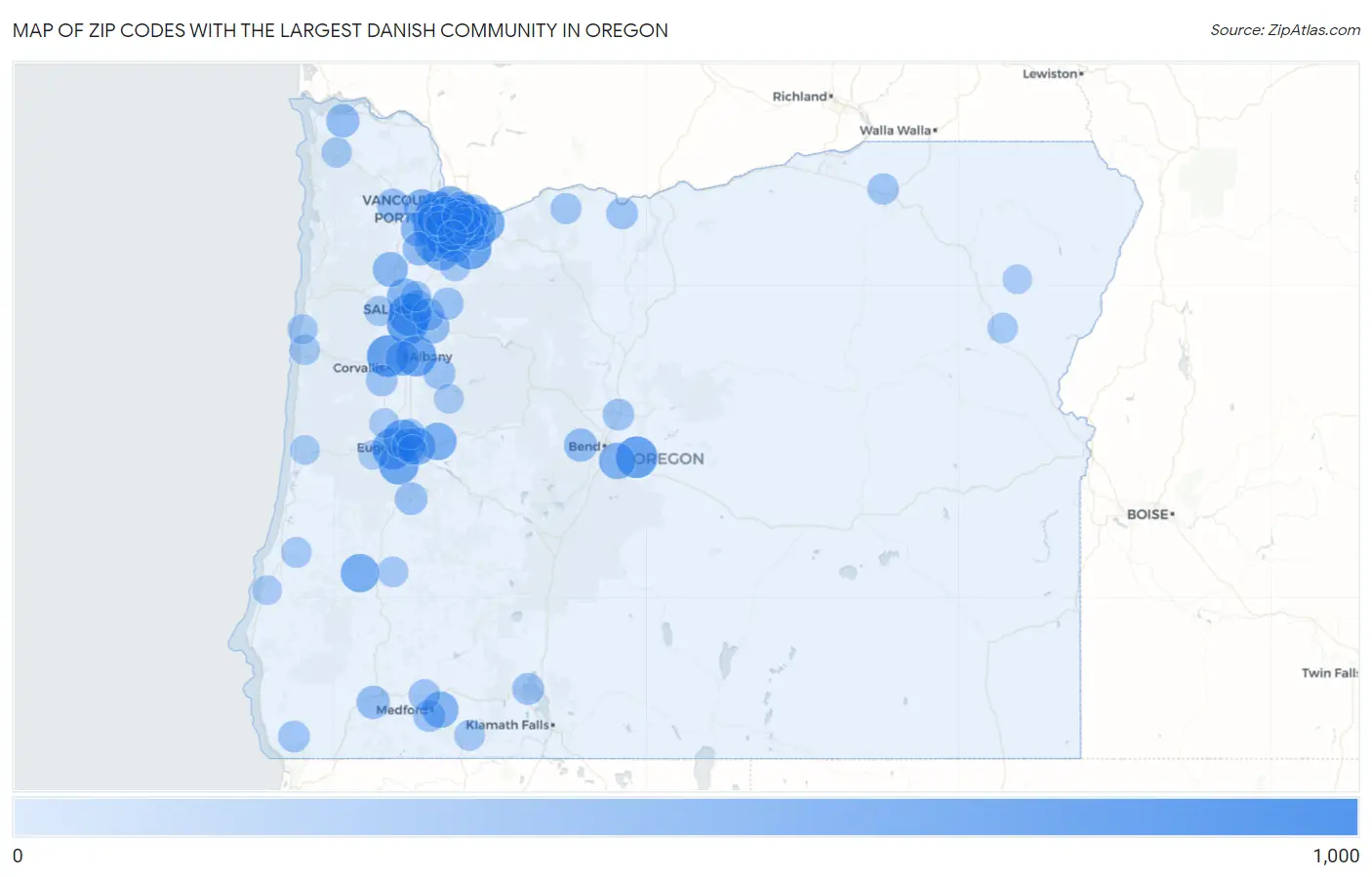 Zip Codes with the Largest Danish Community in Oregon Map