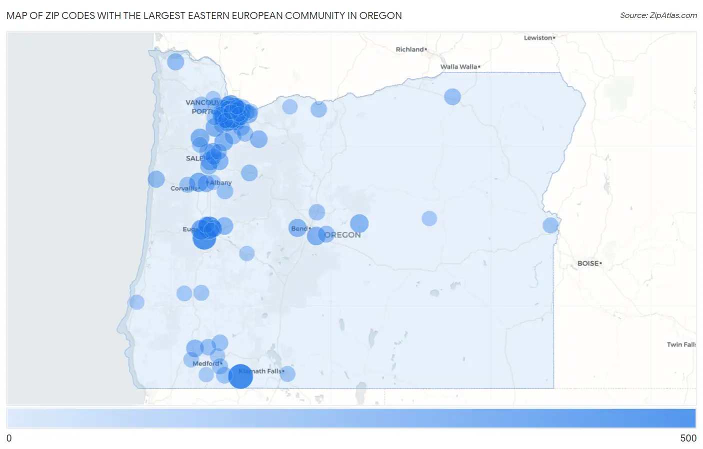 Zip Codes with the Largest Eastern European Community in Oregon Map