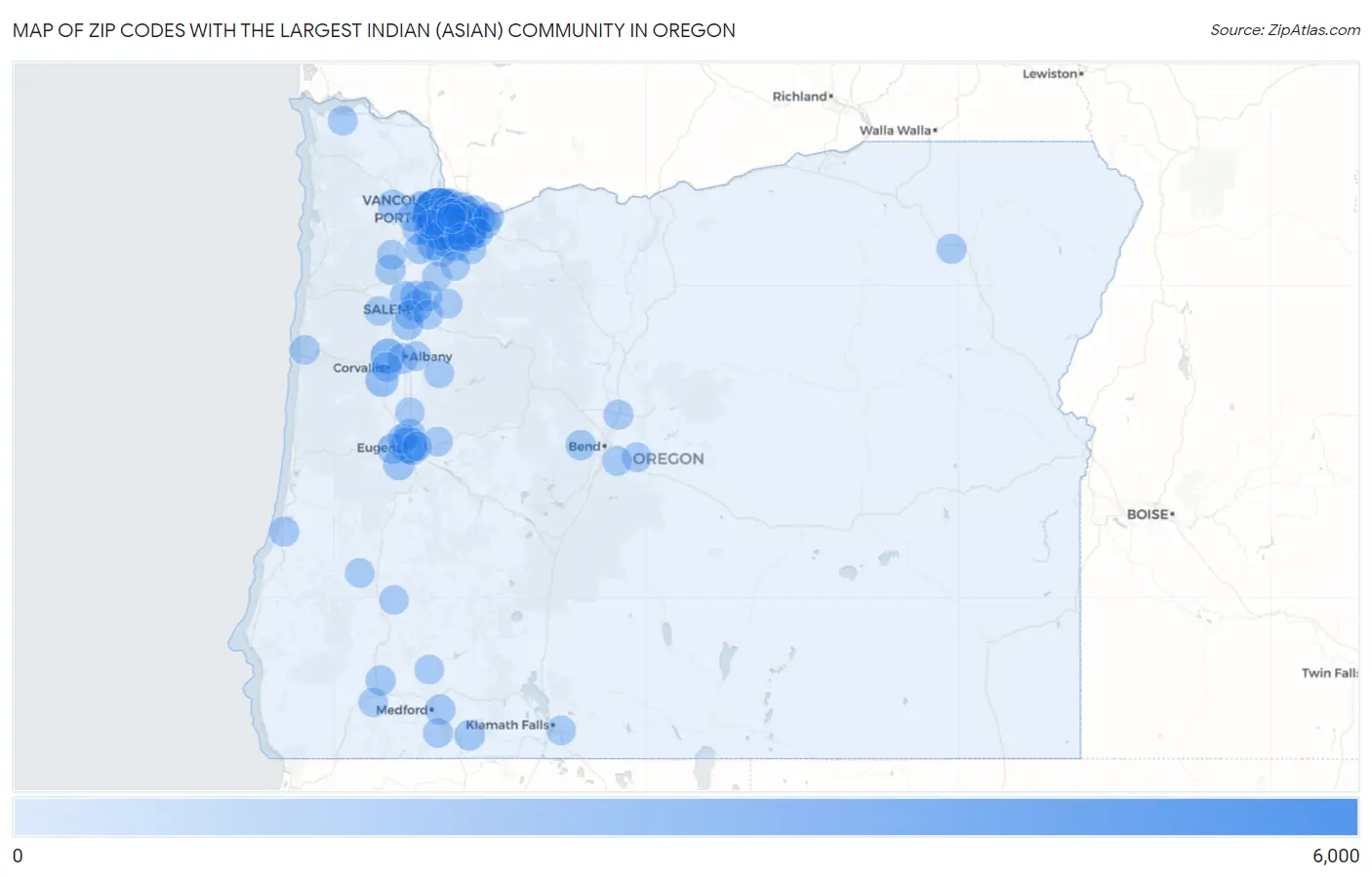 Zip Codes with the Largest Indian (Asian) Community in Oregon Map