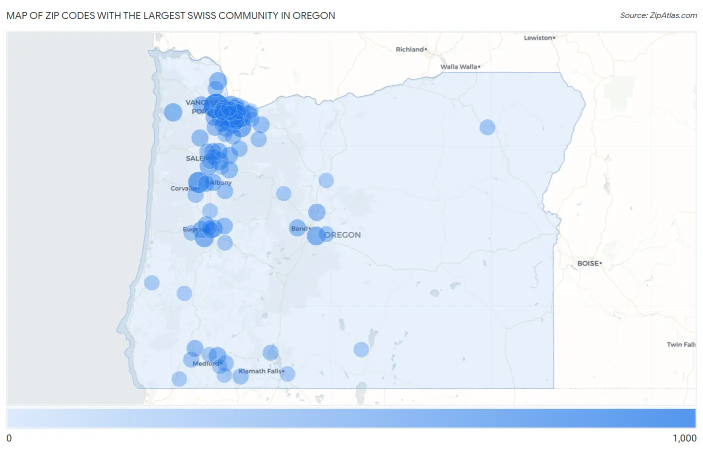 Zip Codes with the Largest Swiss Community in Oregon Map