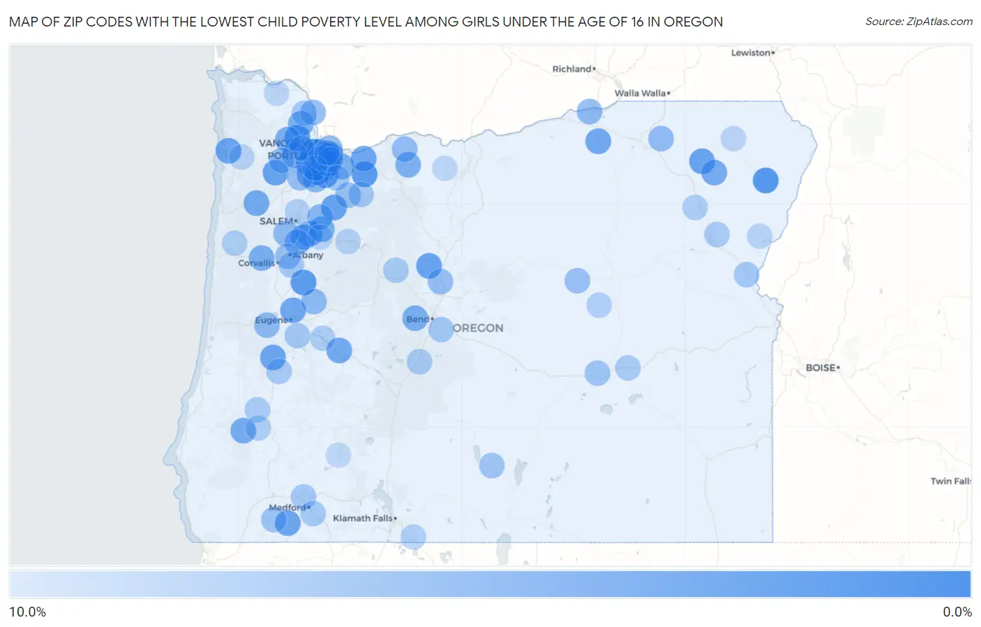Zip Codes with the Lowest Child Poverty Level Among Girls Under the Age of 16 in Oregon Map