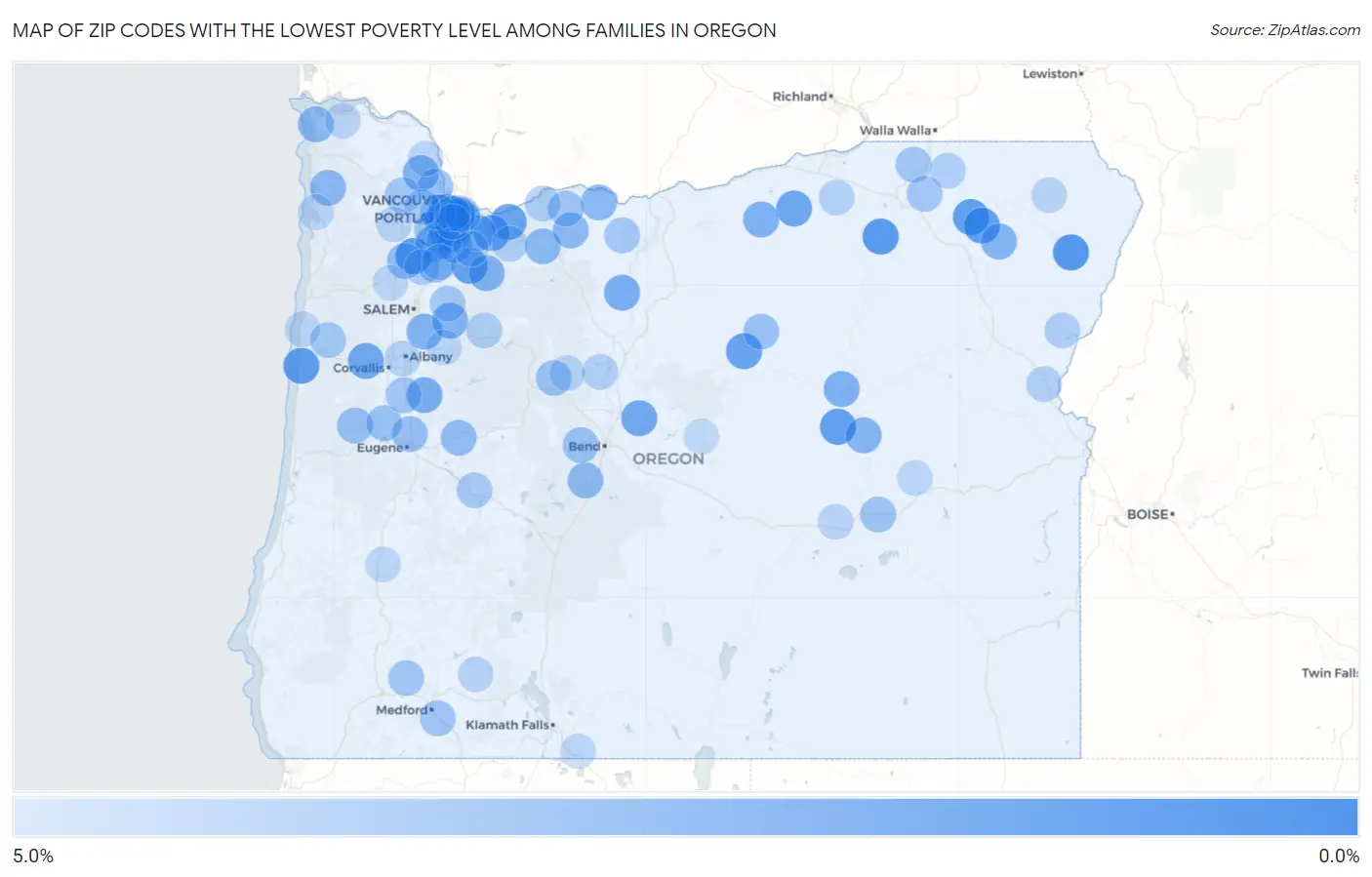 Zip Codes with the Lowest Poverty Level Among Families in Oregon Map