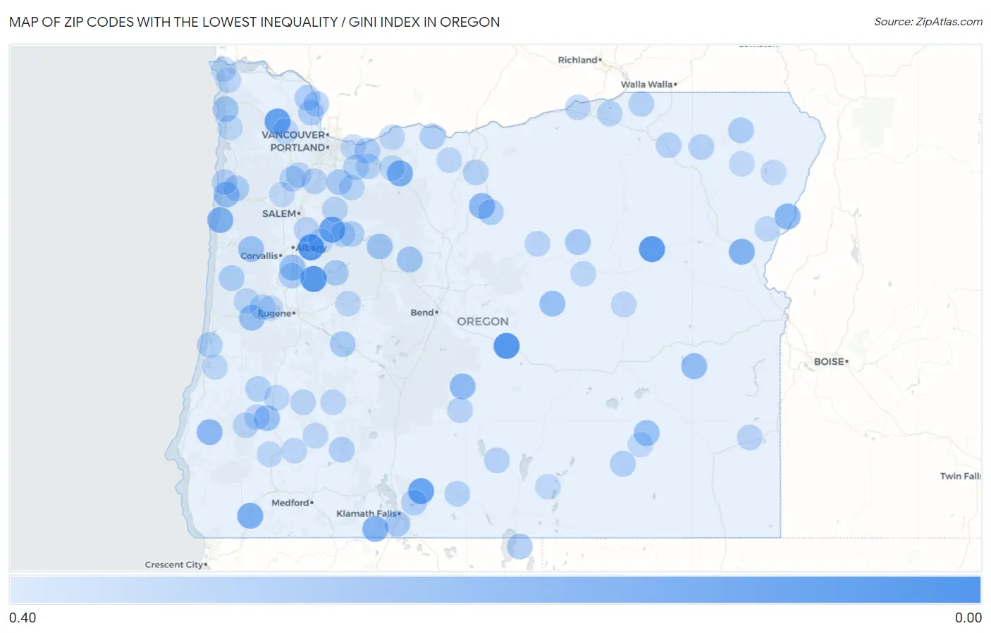 Zip Codes with the Lowest Inequality / Gini Index in Oregon Map