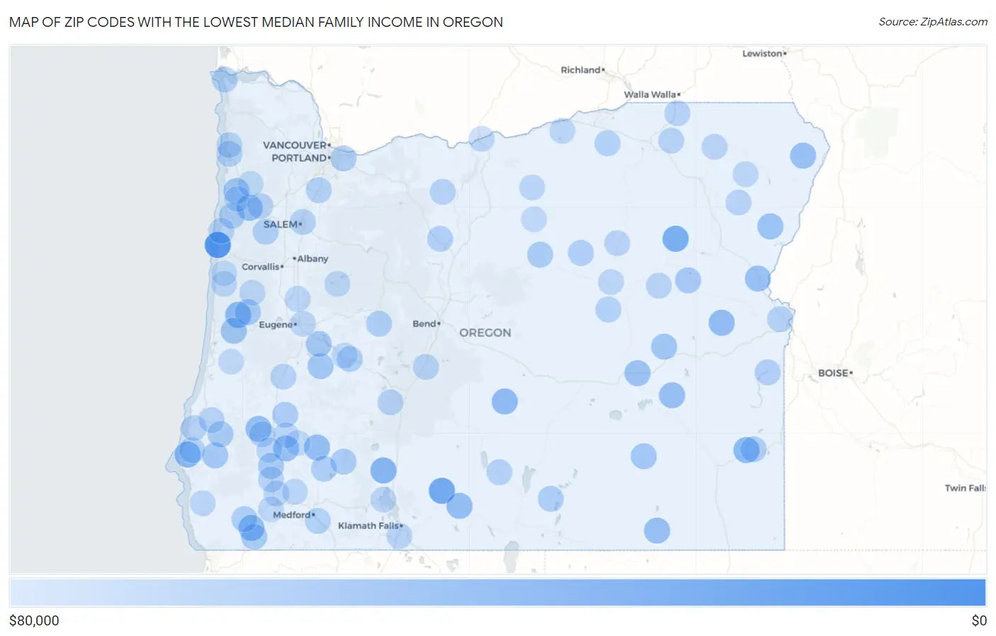 Zip Codes with the Lowest Median Family Income in Oregon Map