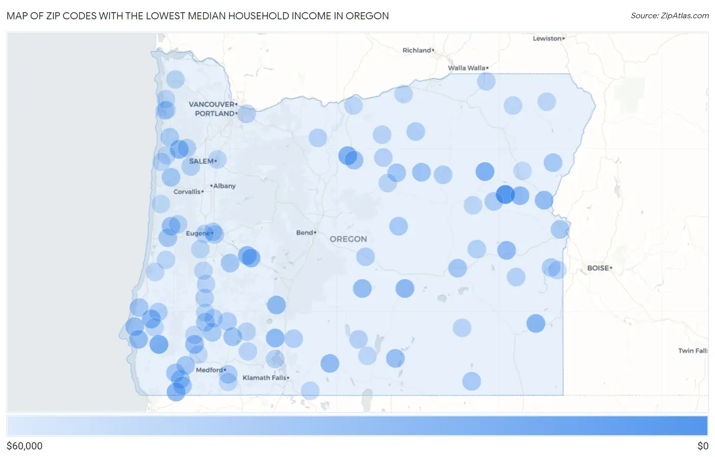Zip Codes with the Lowest Median Household Income in Oregon Map