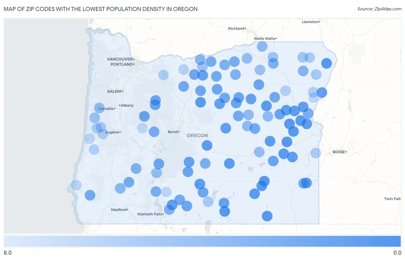 Zip Codes with the Lowest Population Density in Oregon Map