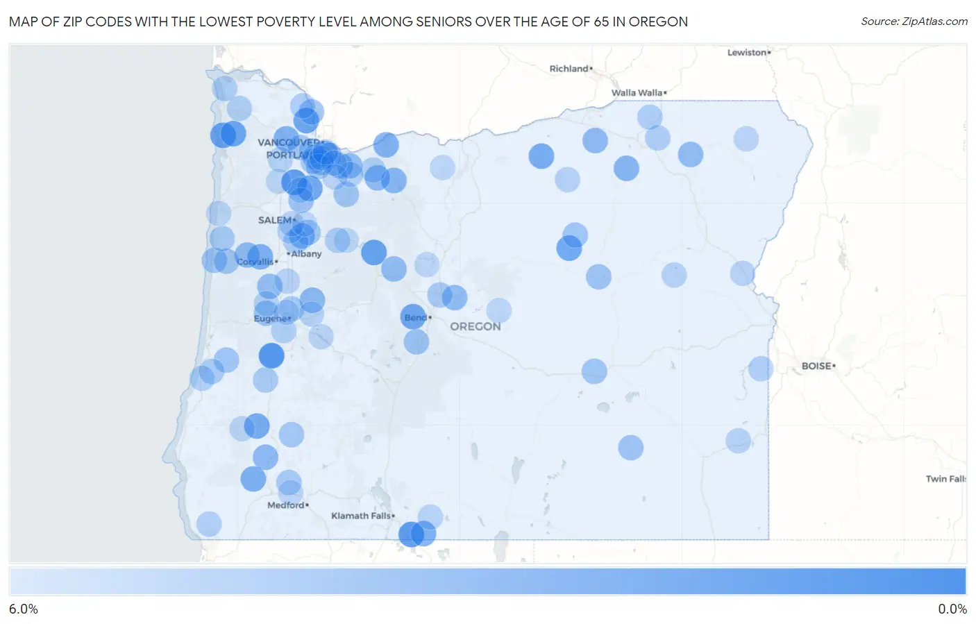 Zip Codes with the Lowest Poverty Level Among Seniors Over the Age of 65 in Oregon Map