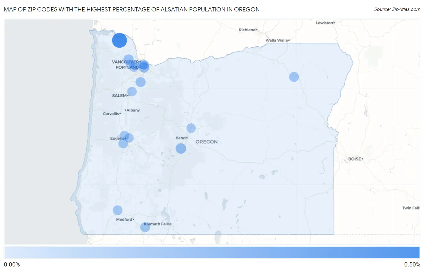 Zip Codes with the Highest Percentage of Alsatian Population in Oregon Map