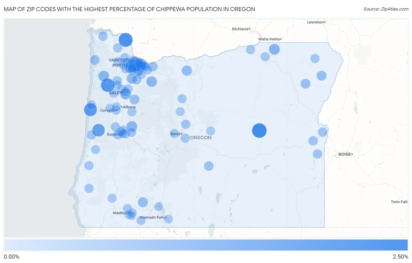 Zip Codes with the Highest Percentage of Chippewa Population in Oregon Map