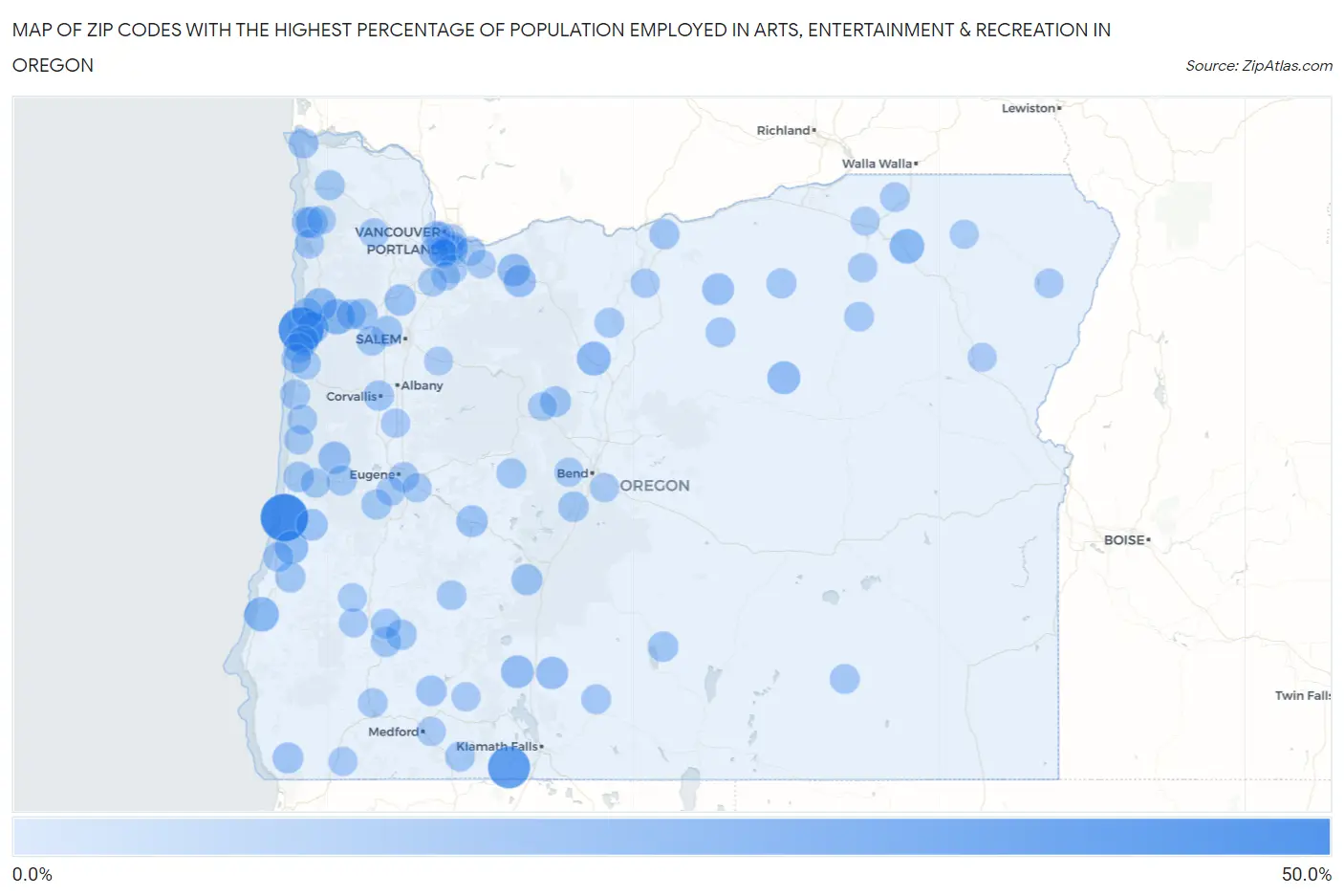 Zip Codes with the Highest Percentage of Population Employed in Arts, Entertainment & Recreation in Oregon Map