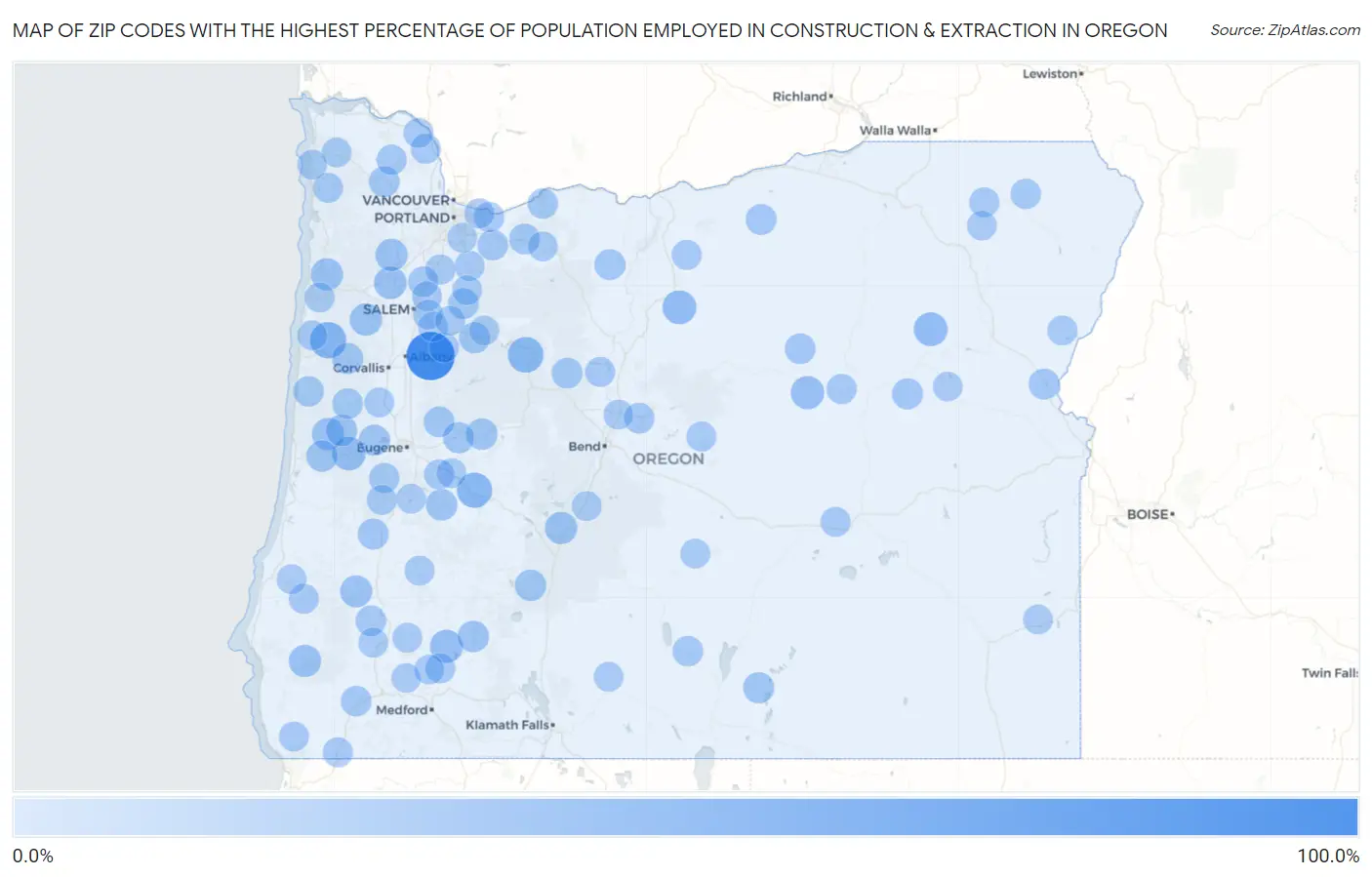 Zip Codes with the Highest Percentage of Population Employed in Construction & Extraction in Oregon Map