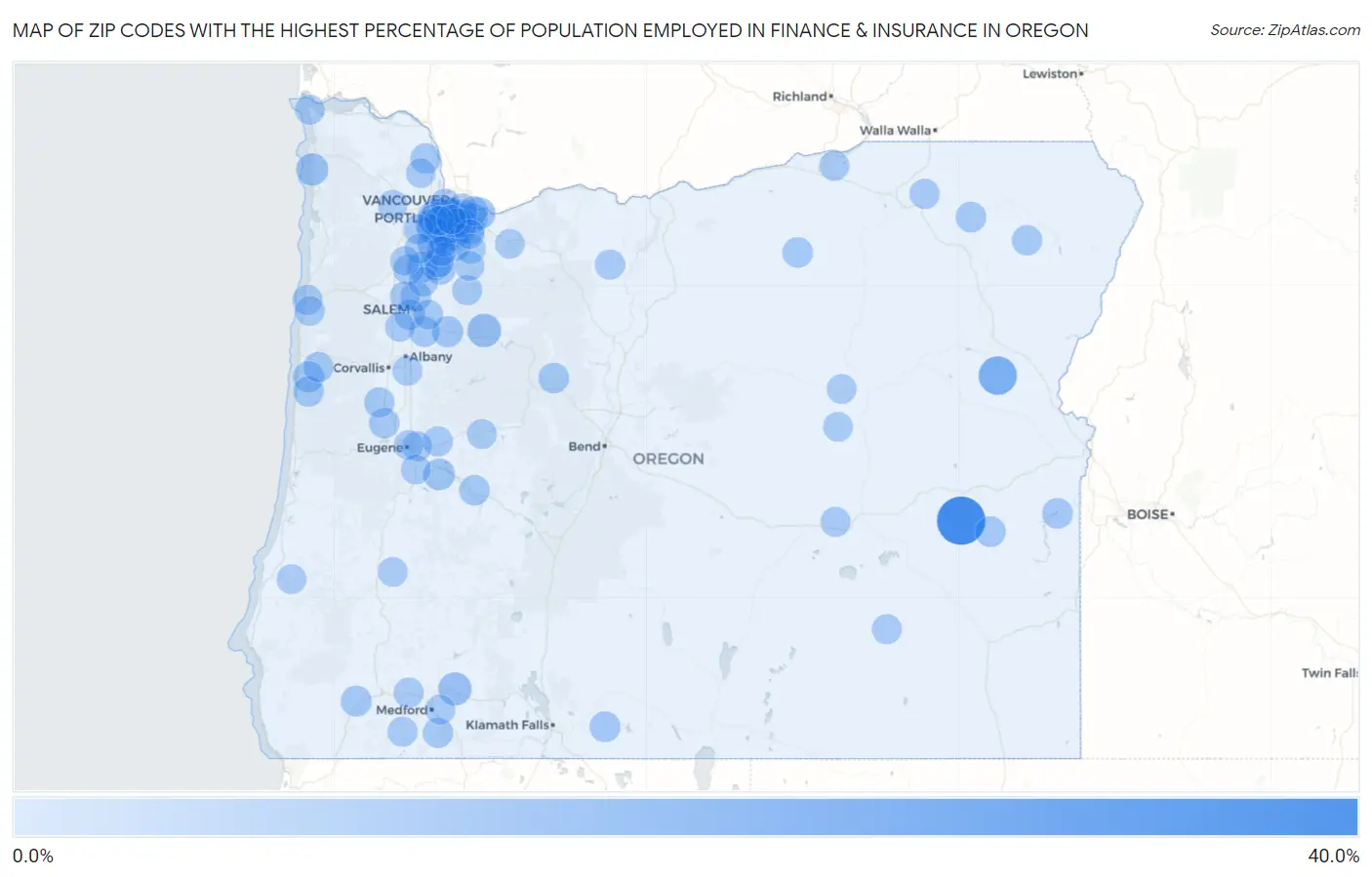Zip Codes with the Highest Percentage of Population Employed in Finance & Insurance in Oregon Map