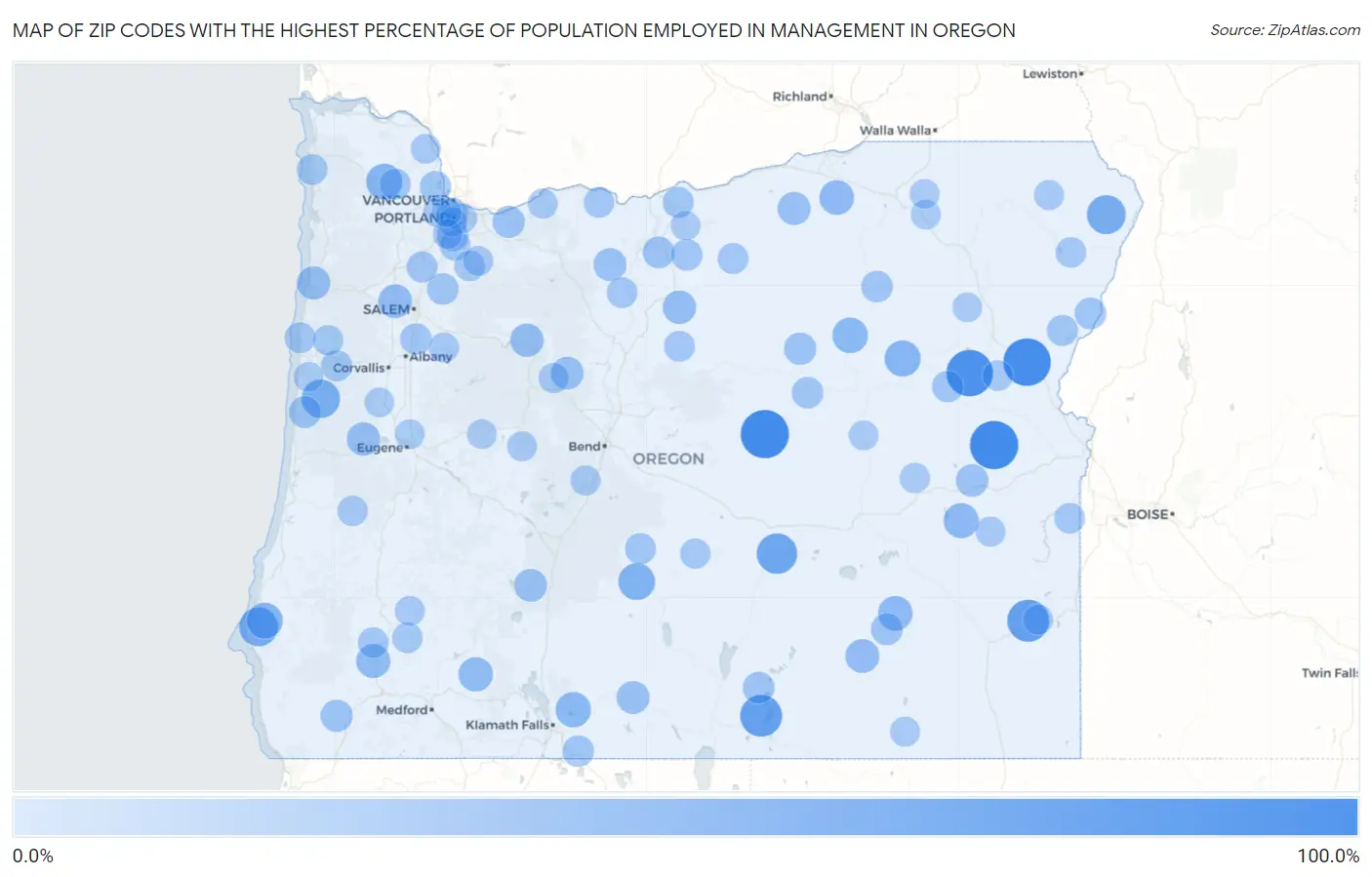 Zip Codes with the Highest Percentage of Population Employed in Management in Oregon Map