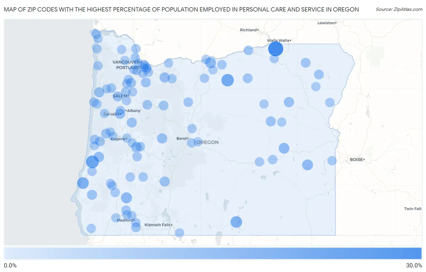 Zip Codes with the Highest Percentage of Population Employed in Personal Care and Service in Oregon Map