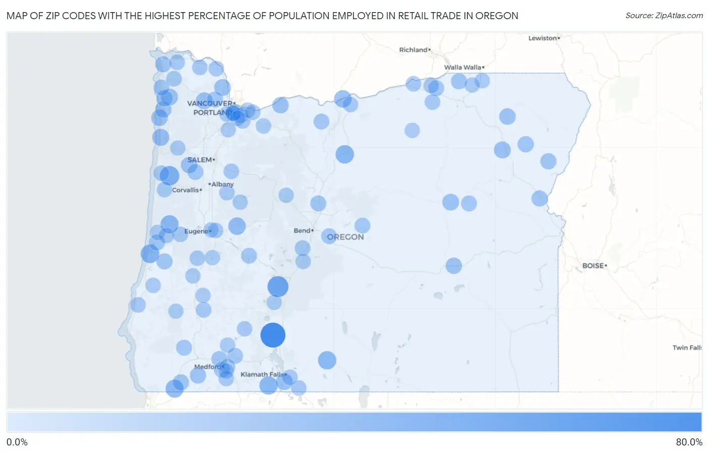 Zip Codes with the Highest Percentage of Population Employed in Retail Trade in Oregon Map