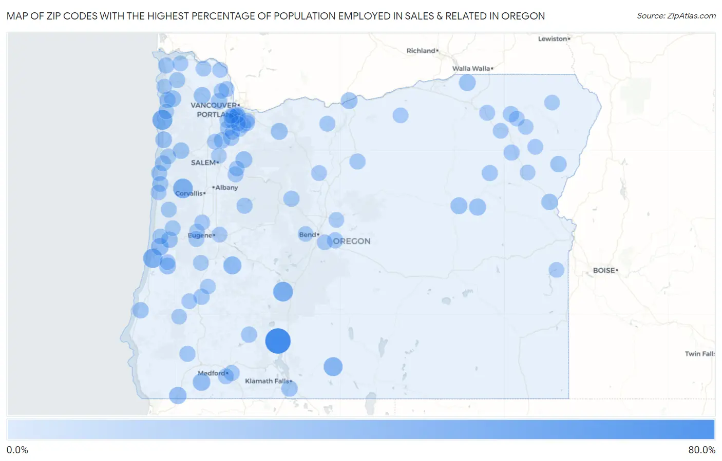 Zip Codes with the Highest Percentage of Population Employed in Sales & Related in Oregon Map