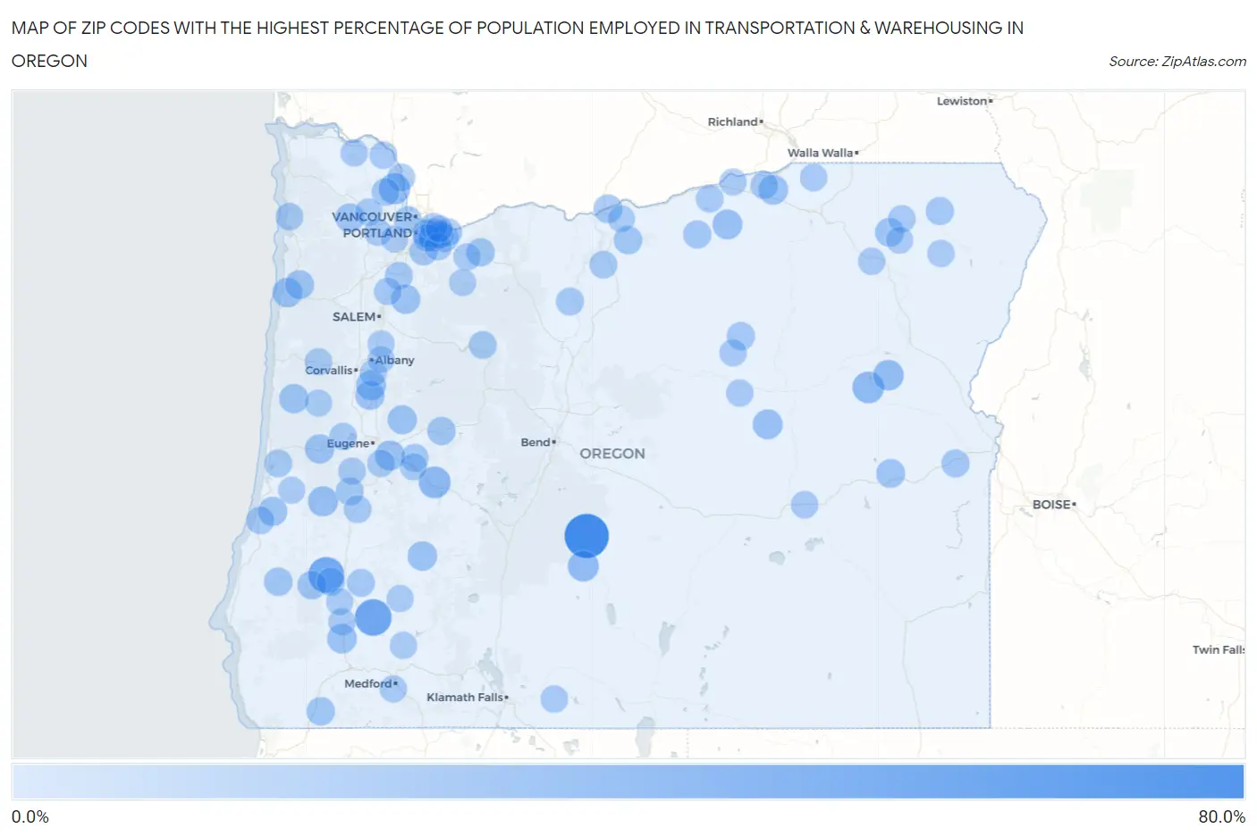 Zip Codes with the Highest Percentage of Population Employed in Transportation & Warehousing in Oregon Map