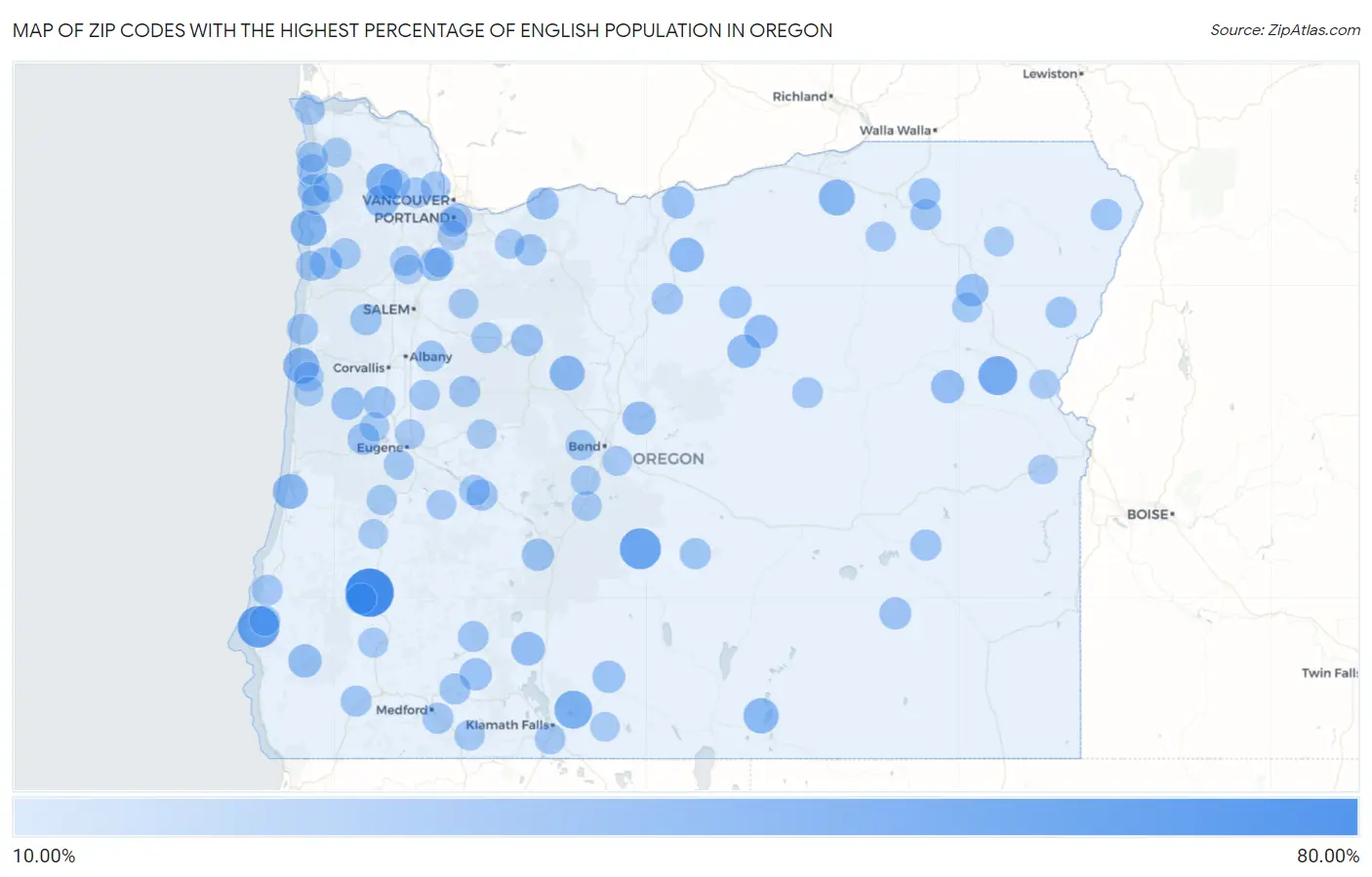 Zip Codes with the Highest Percentage of English Population in Oregon Map