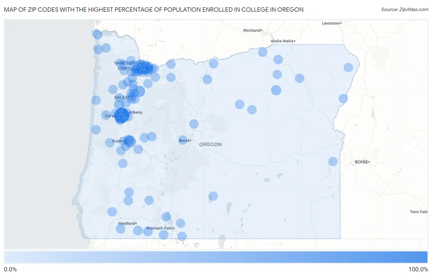 Zip Codes with the Highest Percentage of Population Enrolled in College in Oregon Map