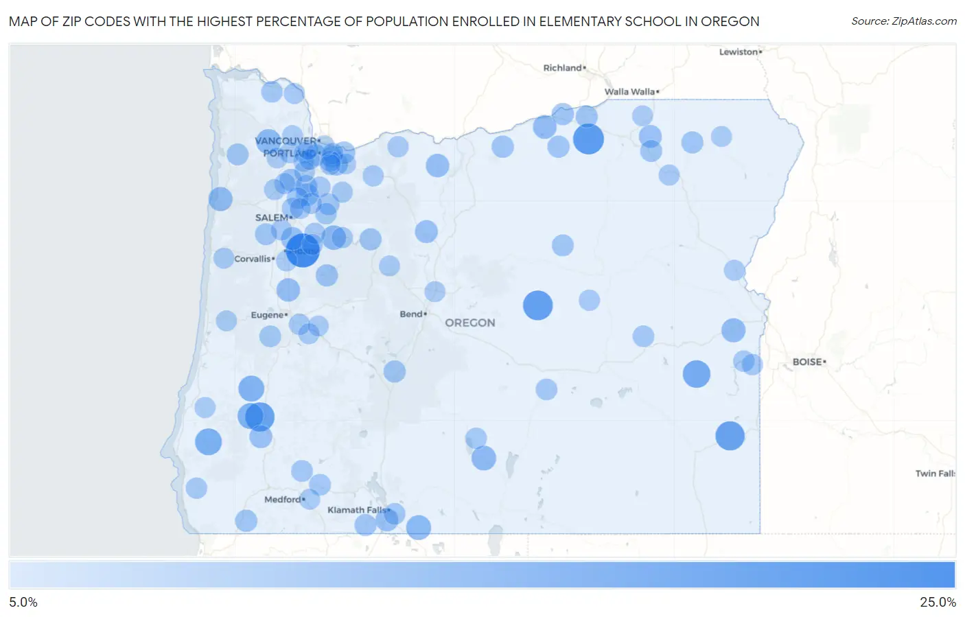 Zip Codes with the Highest Percentage of Population Enrolled in Elementary School in Oregon Map