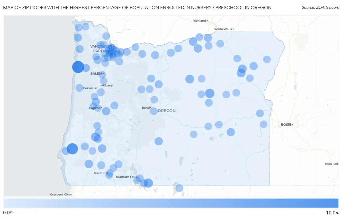 Zip Codes with the Highest Percentage of Population Enrolled in Nursery / Preschool in Oregon Map
