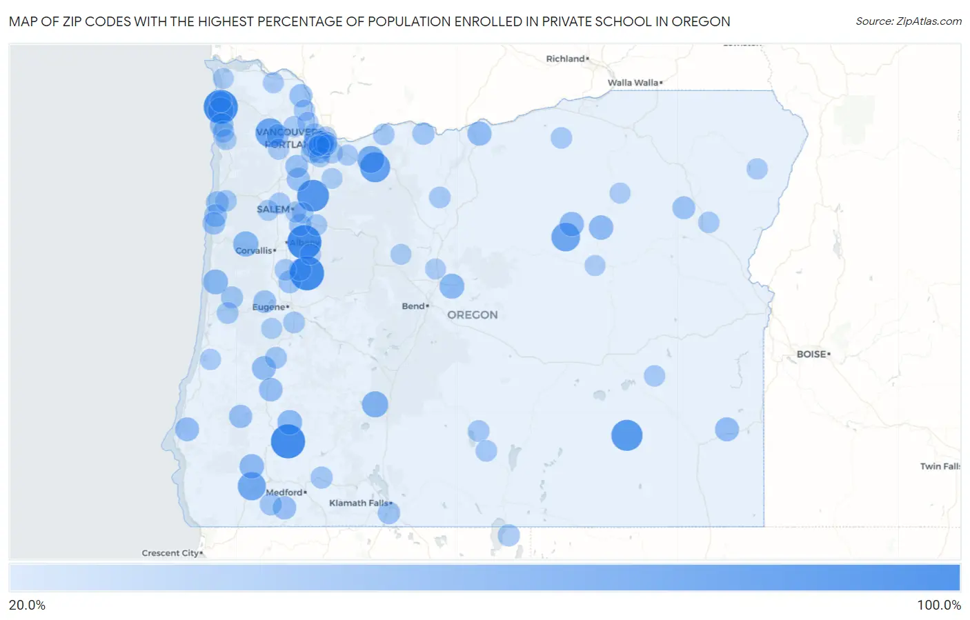 Zip Codes with the Highest Percentage of Population Enrolled in Private School in Oregon Map
