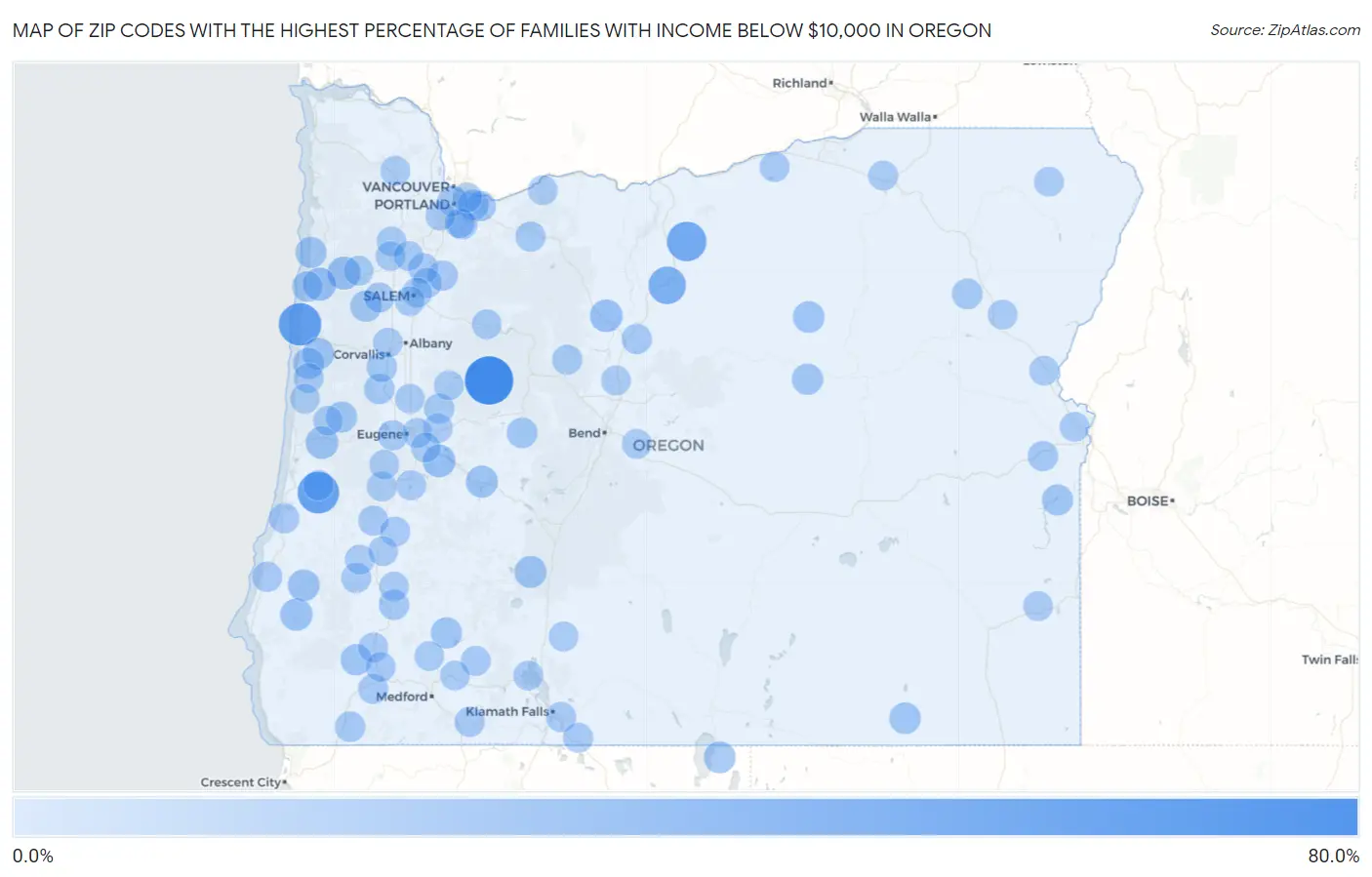 Zip Codes with the Highest Percentage of Families with Income Below $10,000 in Oregon Map